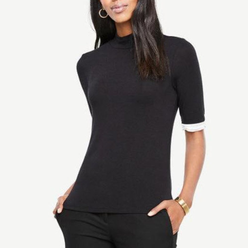 Ann Taylor Black Mock Neck Ruffle Cuff Top